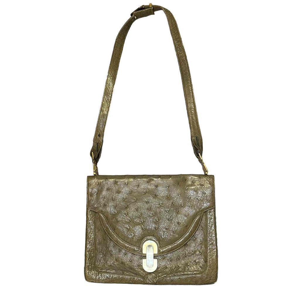 Finesse La Model 1960s Moss Green Ostrich Leather Shoulder Bag Medium
